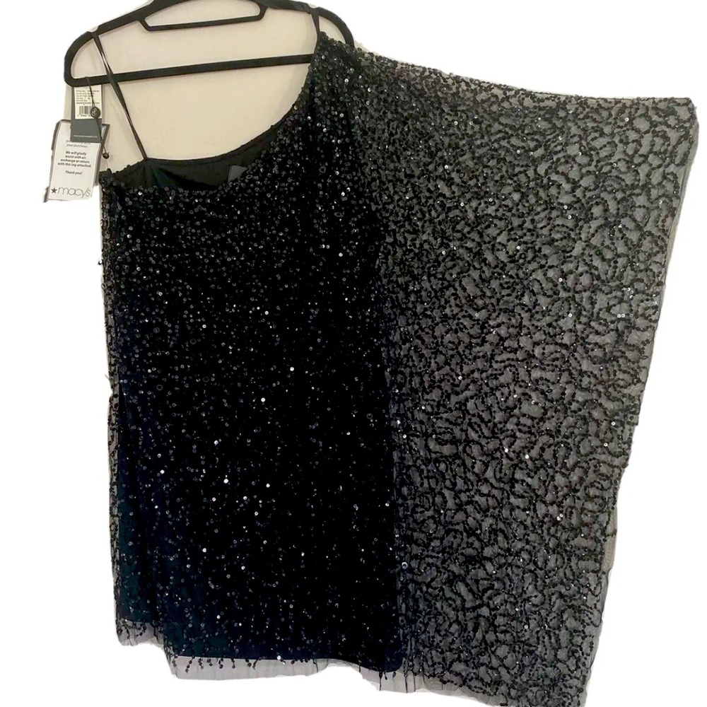 Black Adrianna Papell One Shoulder Sequin Dress